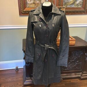 Goosecraft Distressed Leather Belted Trench Coat Jacket Grey Green